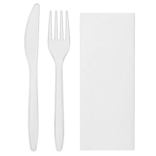 COUVERTS EN PLASTIQUE TRANSPARENT RÉUTILISABLE KIT COUVERT 3 PIÈCES