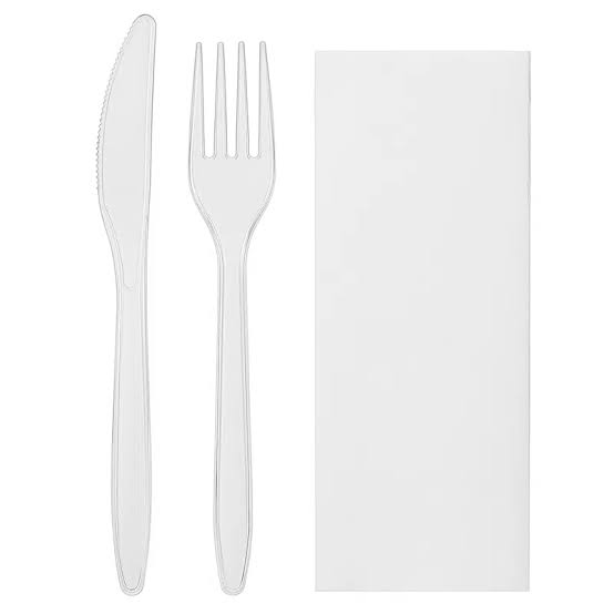 COUVERTS EN PLASTIQUE TRANSPARENT RÉUTILISABLE KIT COUVERT 3 PIÈCES